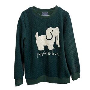 Puppie Love Womens Sz Medium Chenille Embroidered Sweater Forest Green